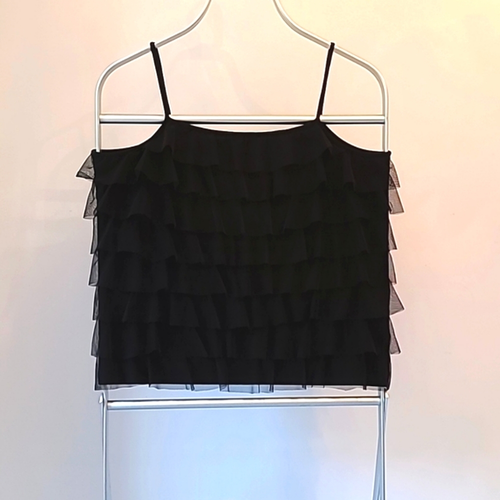 Massimo Fancy Black Ruffle Tank Top, Sz M